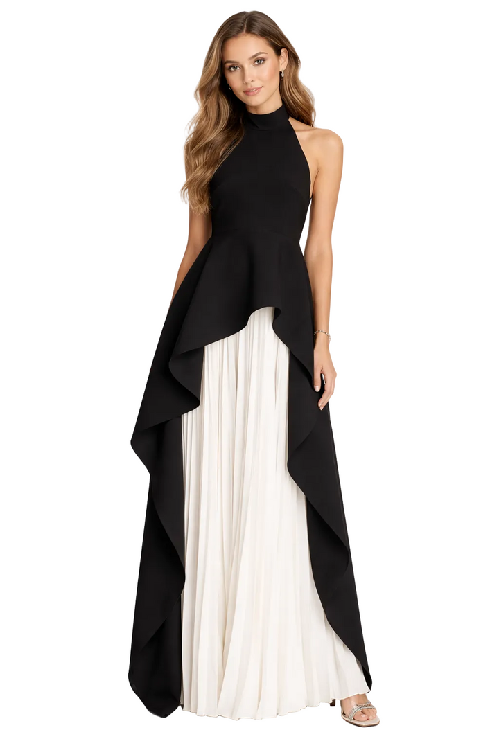 Halter-neck layered maxi dress with pleated contrast – MOHAMED
