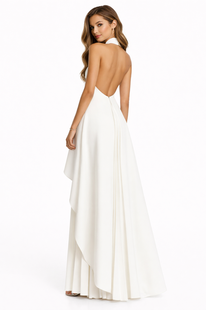 Halter-neck layered maxi dress with pleated contrast – MOHAMED