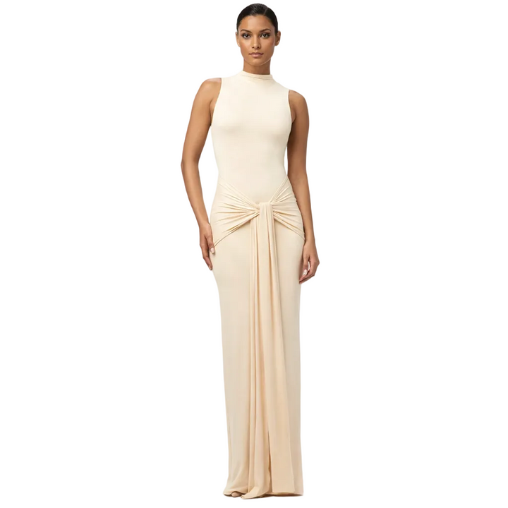 Sleeveless High-Neck Draped Maxi Dress – SERENA