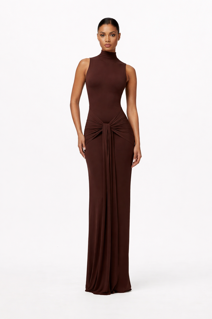 Sleeveless High-Neck Draped Maxi Dress – SERENA