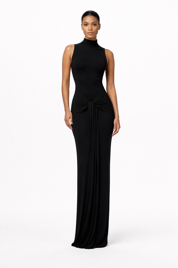 Sleeveless High-Neck Draped Maxi Dress – SERENA