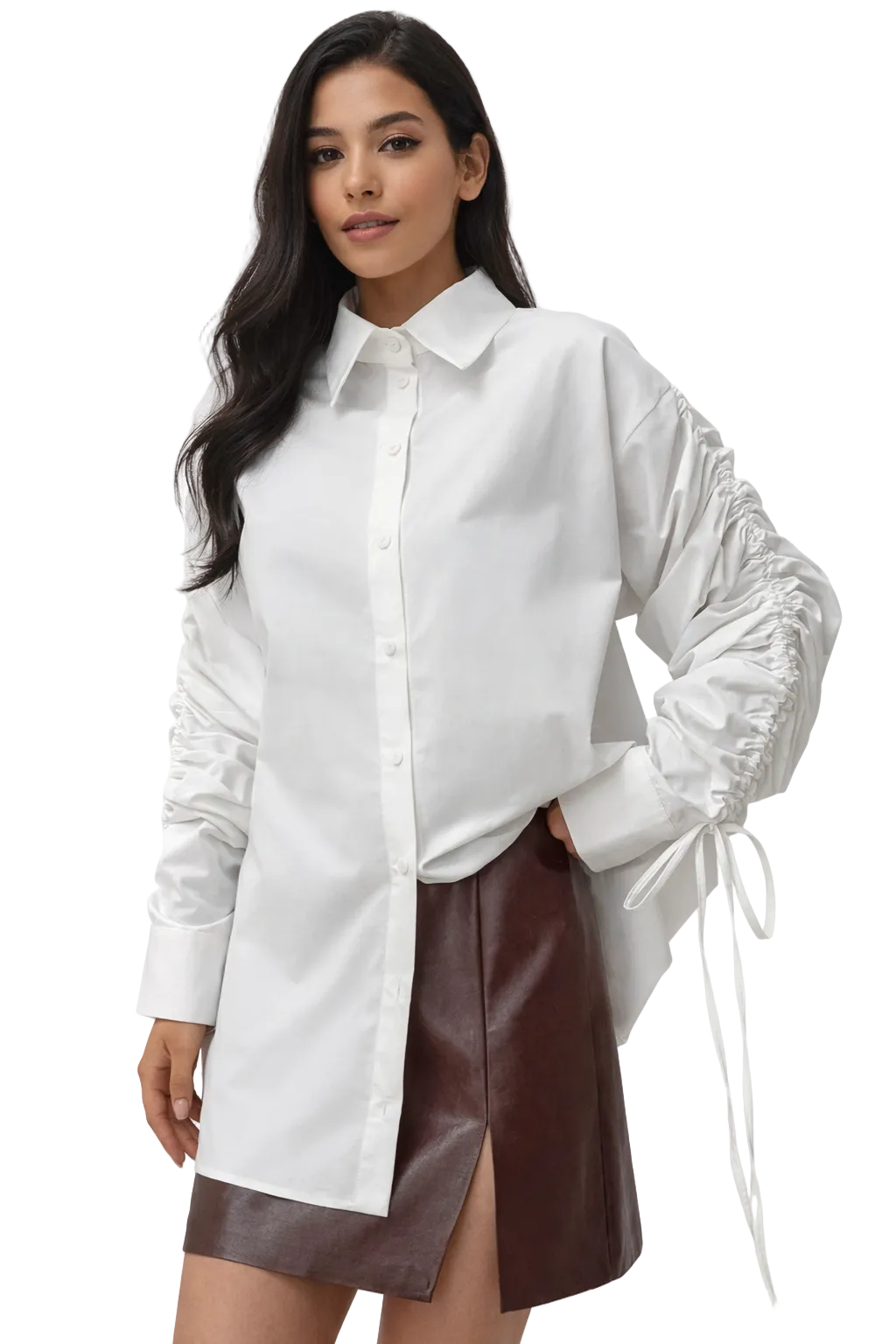 oversized button-down shirt with ruched drawstring sleeves – IVORY