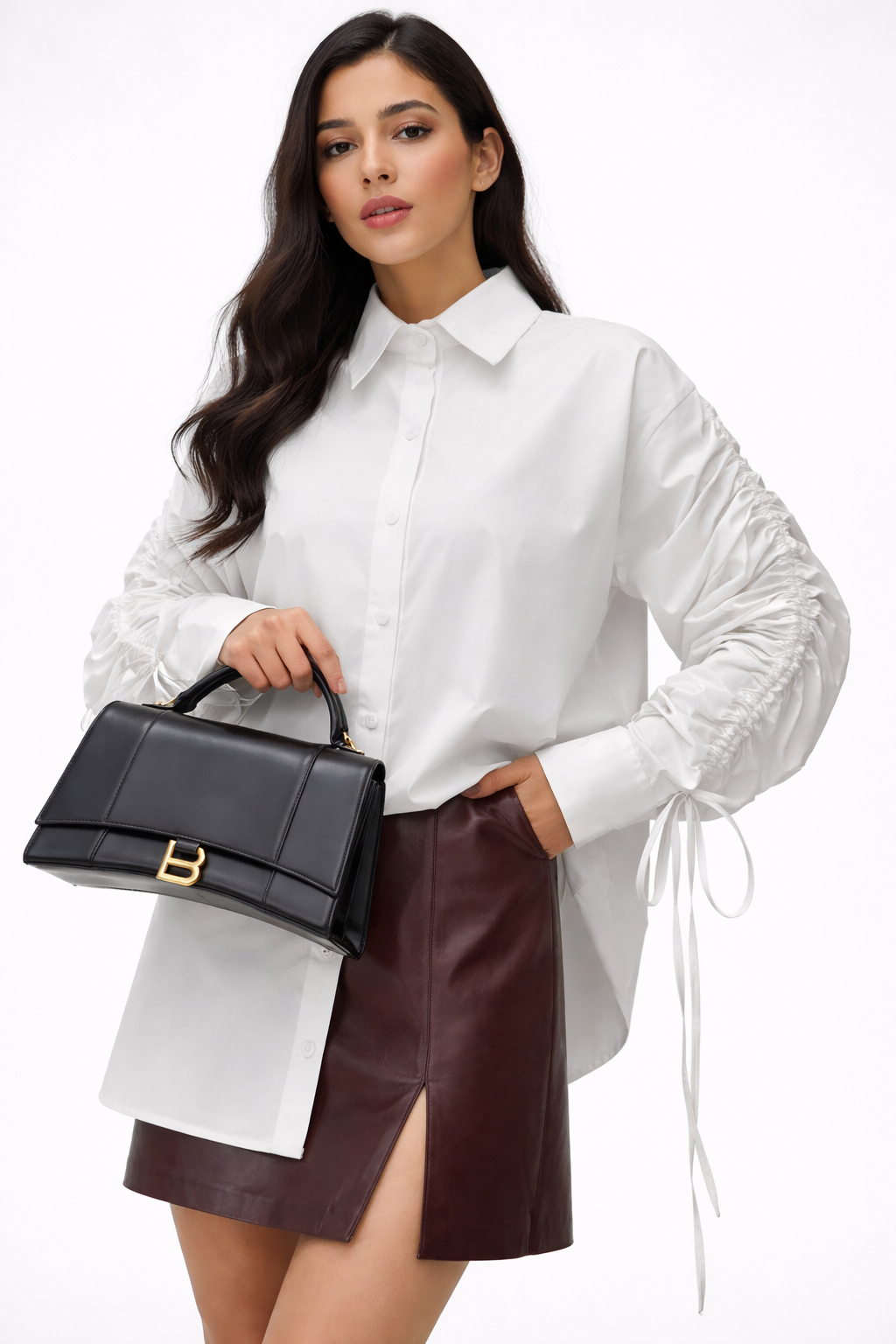 oversized button-down shirt with ruched drawstring sleeves – IVORY