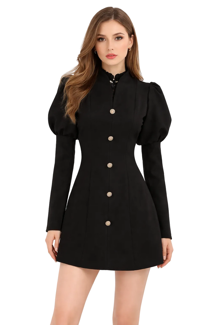 Structured puff-sleeve mini dress with button front – NOIR