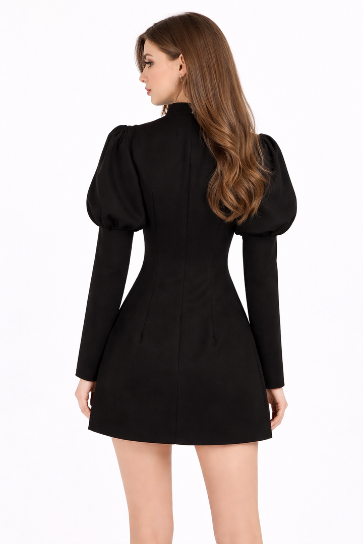 Structured puff-sleeve mini dress with button front – NOIR