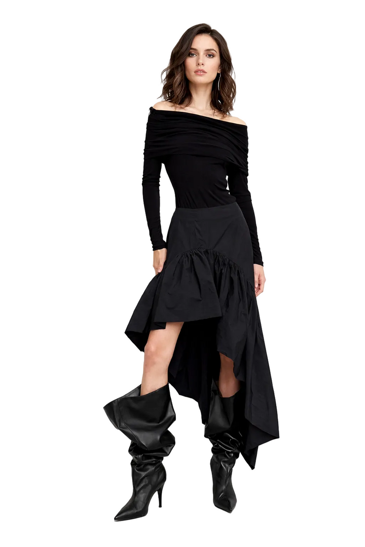 off-shoulder ruched top with asymmetric high-low skirt – EDGE