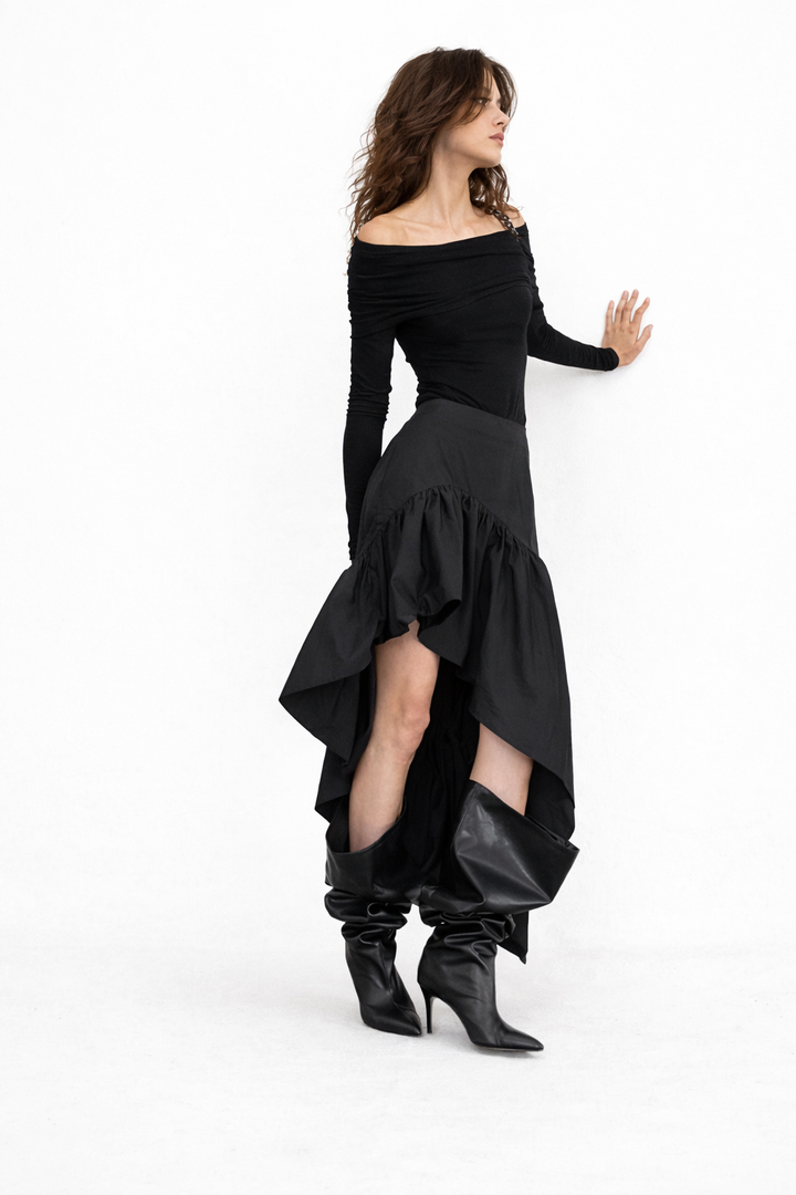 off-shoulder ruched top with asymmetric high-low skirt – EDGE