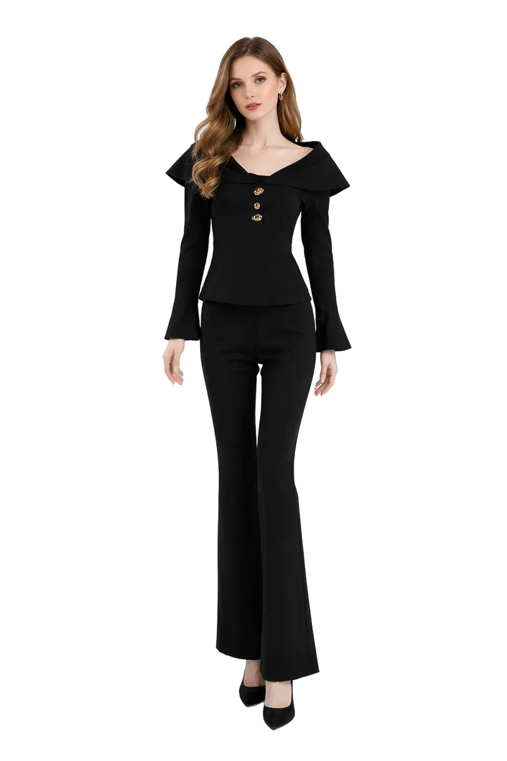 off-shoulder tailored top with flared pants set – ELHNAWY