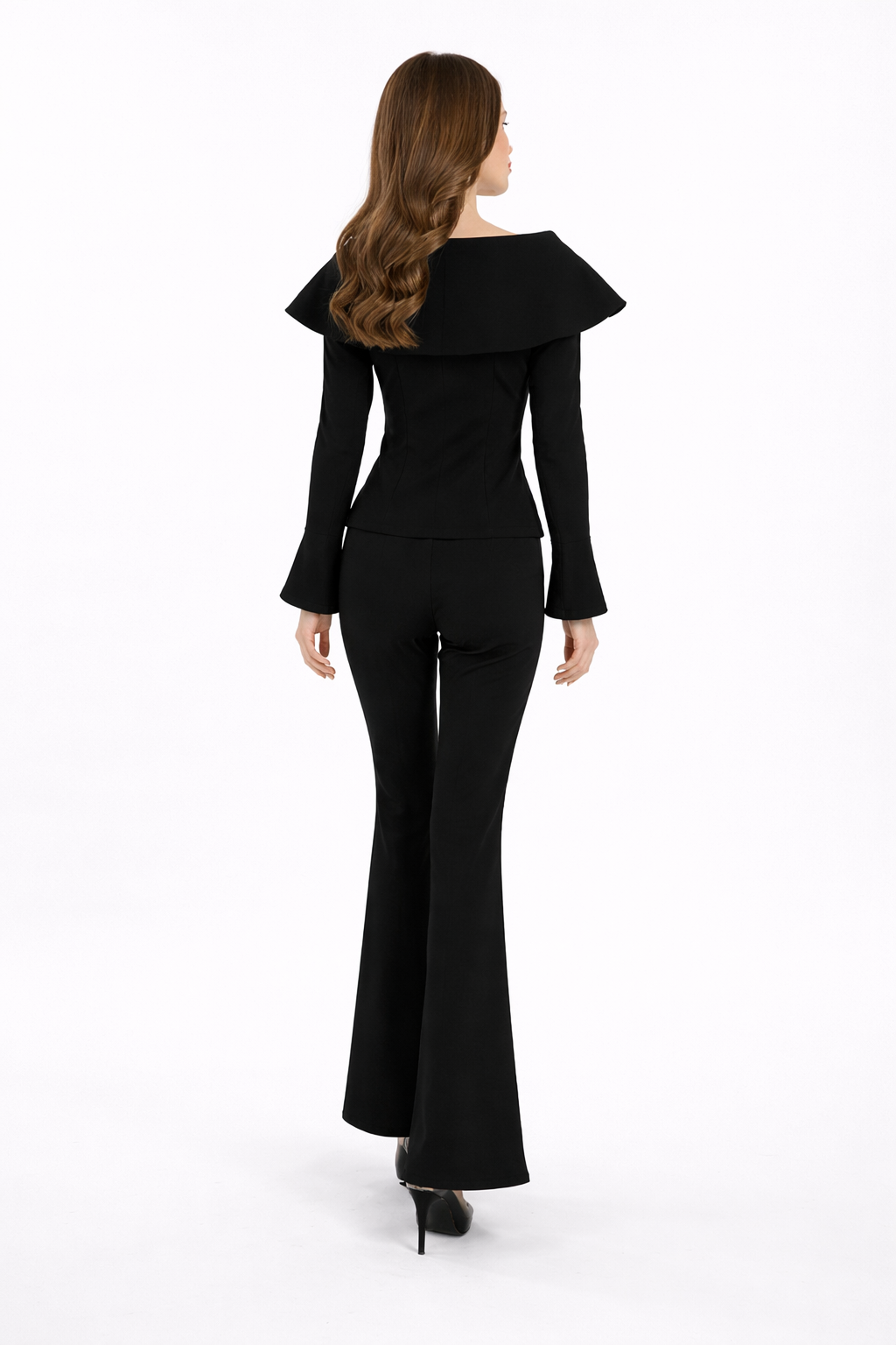 off-shoulder tailored top with flared pants set – ELHNAWY