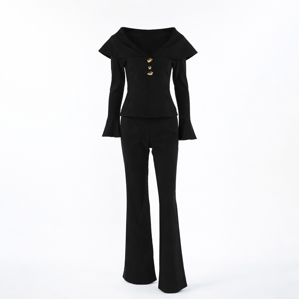 off-shoulder tailored top with flared pants set – ELHNAWY