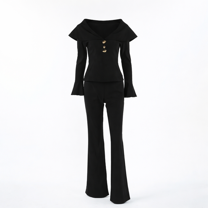 off-shoulder tailored top with flared pants set – ELHNAWY