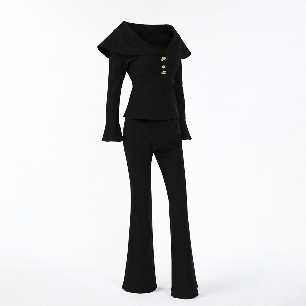 off-shoulder tailored top with flared pants set – ELHNAWY