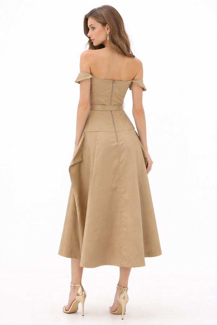 Off-Shoulder Trench-Style Midi Dress with Belt – SANDRA