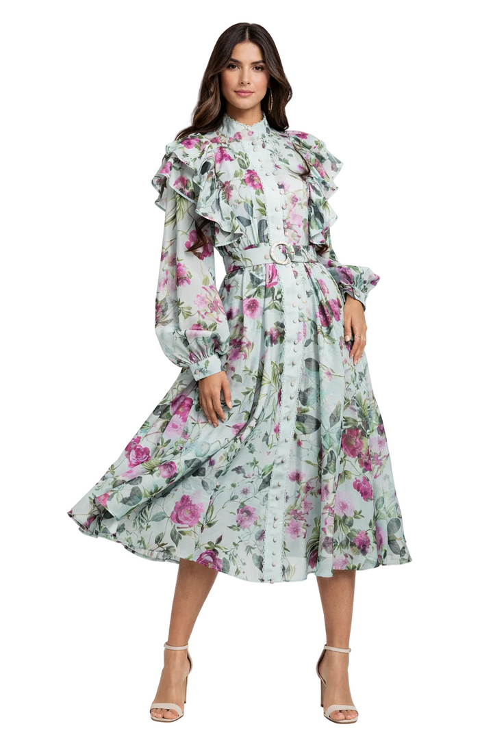 Floral Chiffon Midi Dress with Ruffled Cape Sleeves – ELARA