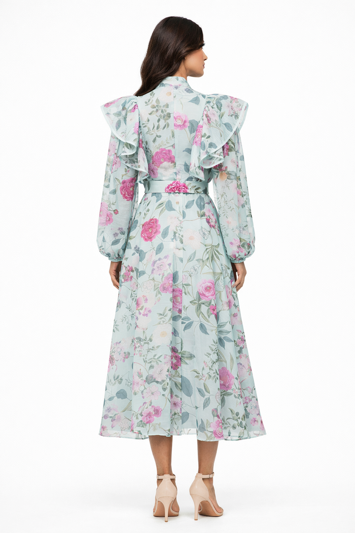 Floral Chiffon Midi Dress with Ruffled Cape Sleeves – ELARA