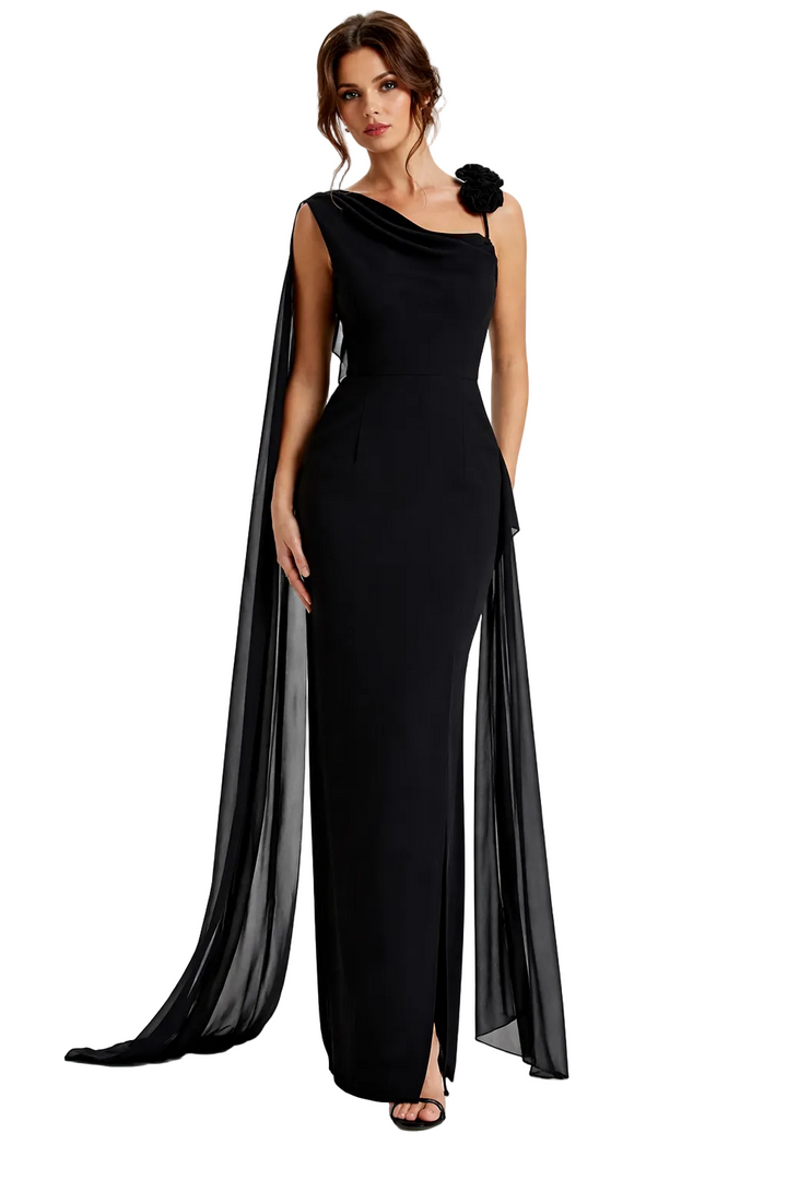 One-Shoulder Cape Maxi Dress with Floral Accent – NOIRELLE