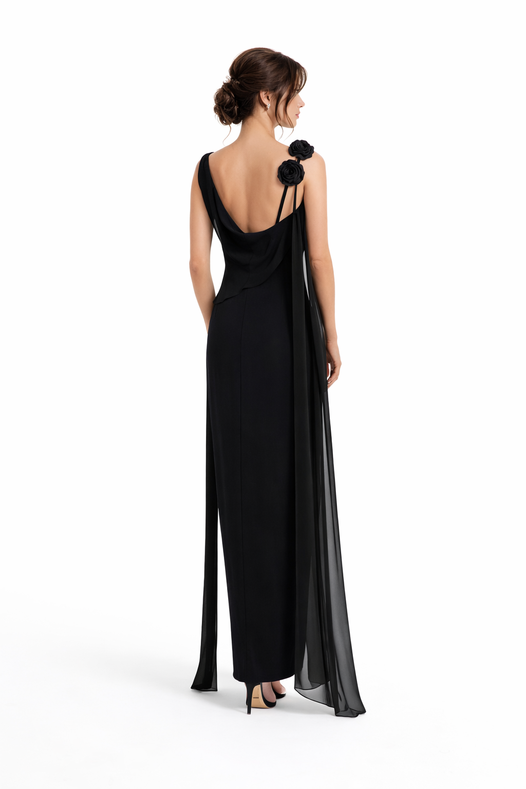 One-Shoulder Cape Maxi Dress with Floral Accent – NOIRELLE
