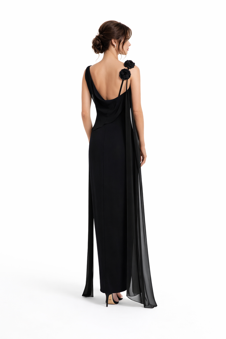 One-Shoulder Cape Maxi Dress with Floral Accent – NOIRELLE