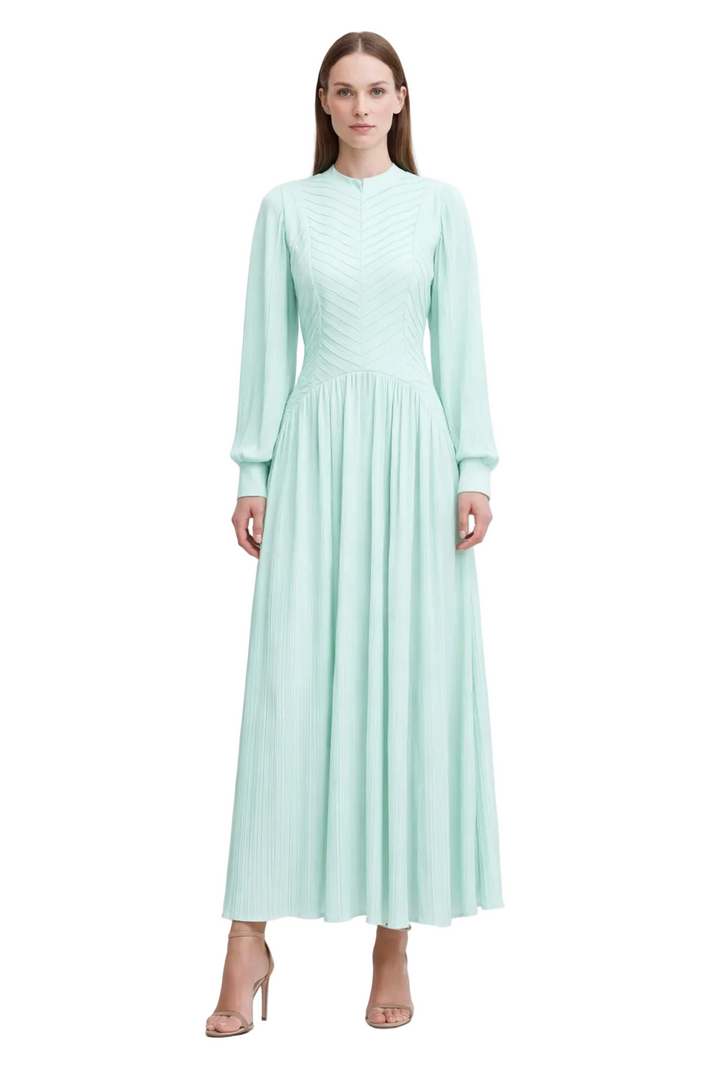 High-Neck Pleated Maxi Dress with Textured Bodice – AHMADEL