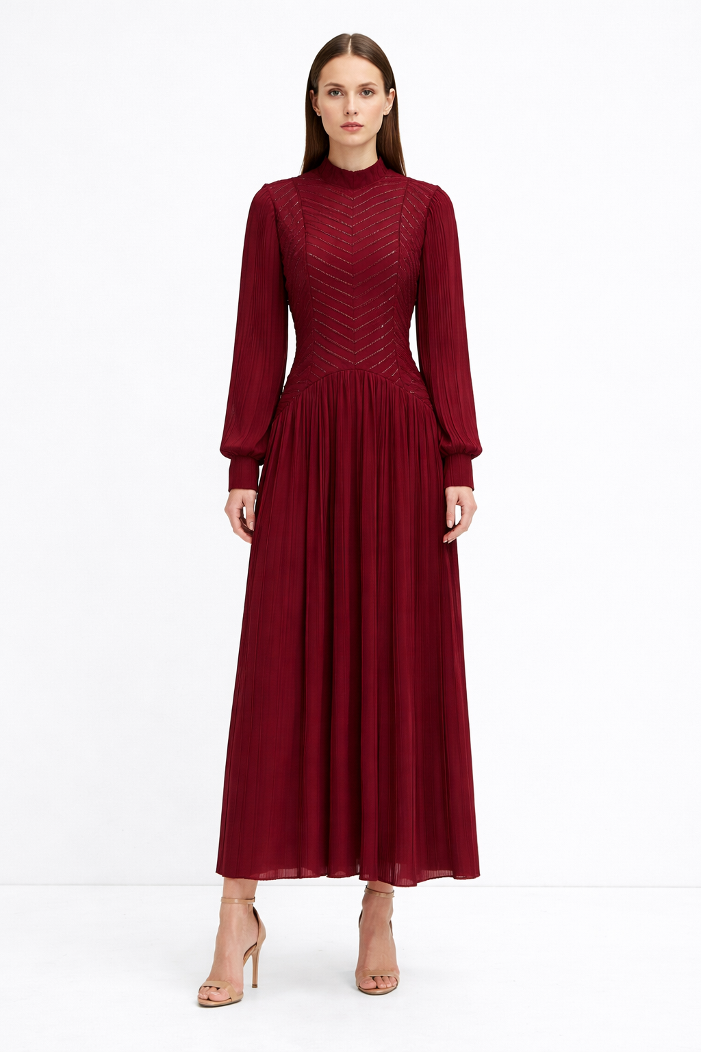 High-Neck Pleated Maxi Dress with Textured Bodice – AHMADEL