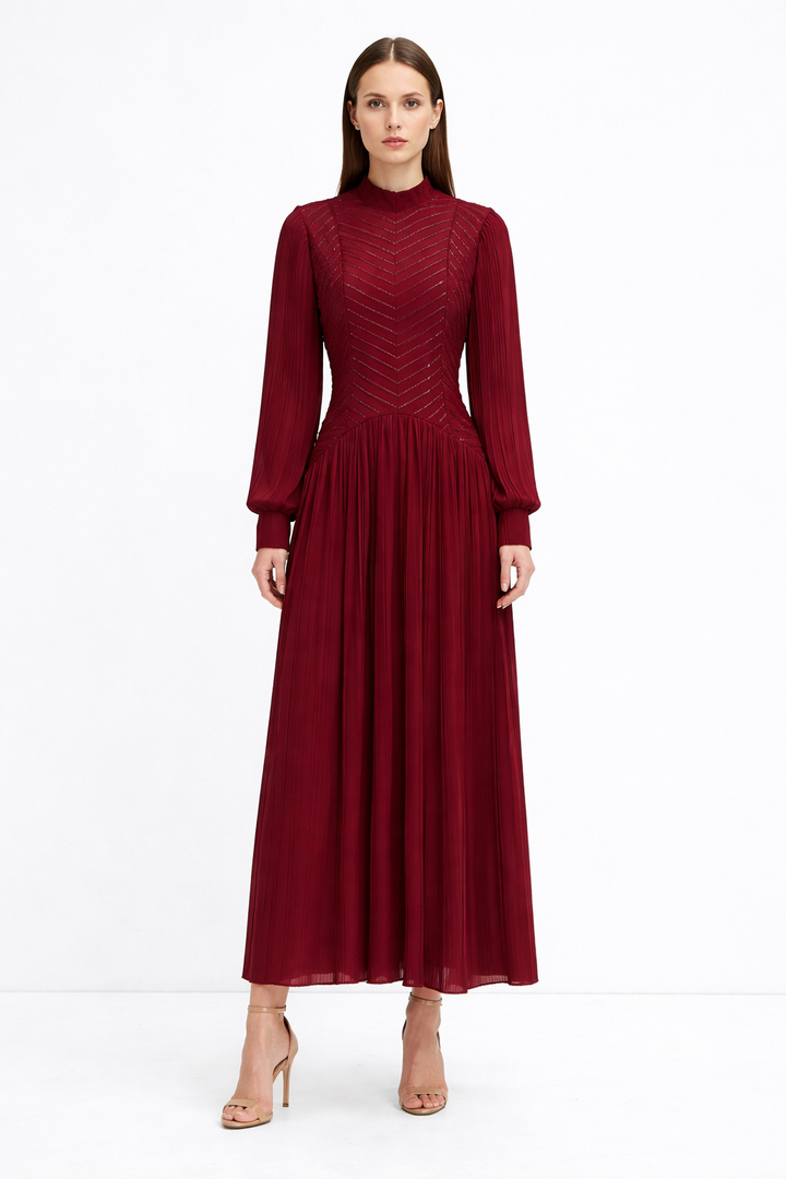 High-Neck Pleated Maxi Dress with Textured Bodice – AHMADEL
