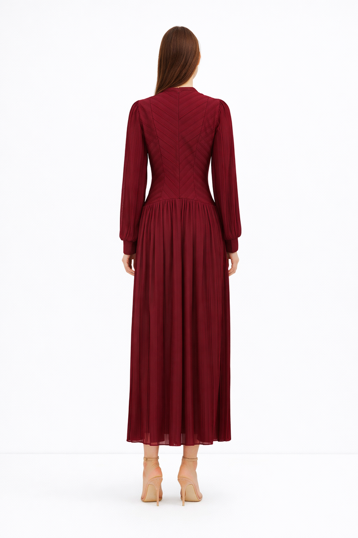 High-Neck Pleated Maxi Dress with Textured Bodice – AHMADEL