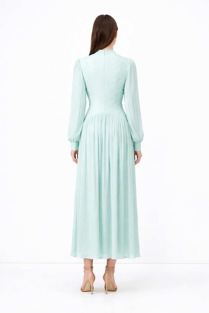 High-Neck Pleated Maxi Dress with Textured Bodice – AHMADEL