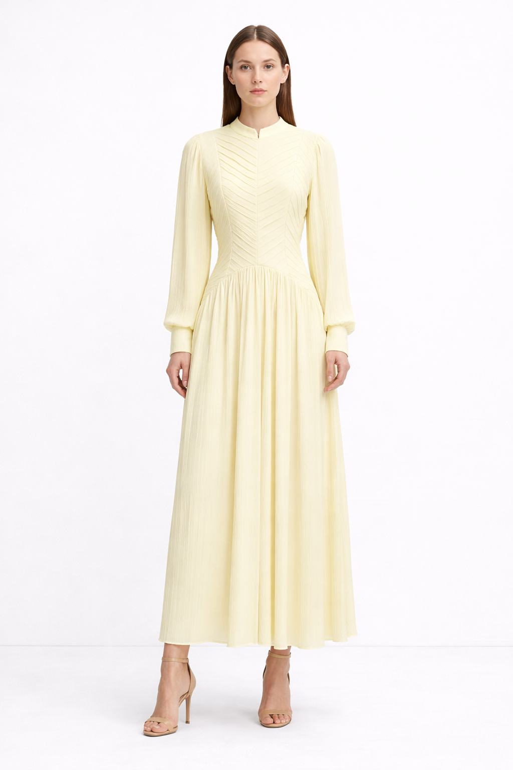 High-Neck Pleated Maxi Dress with Textured Bodice – AHMADEL