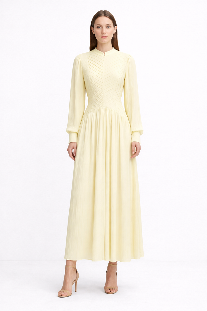 High-Neck Pleated Maxi Dress with Textured Bodice – AHMADEL