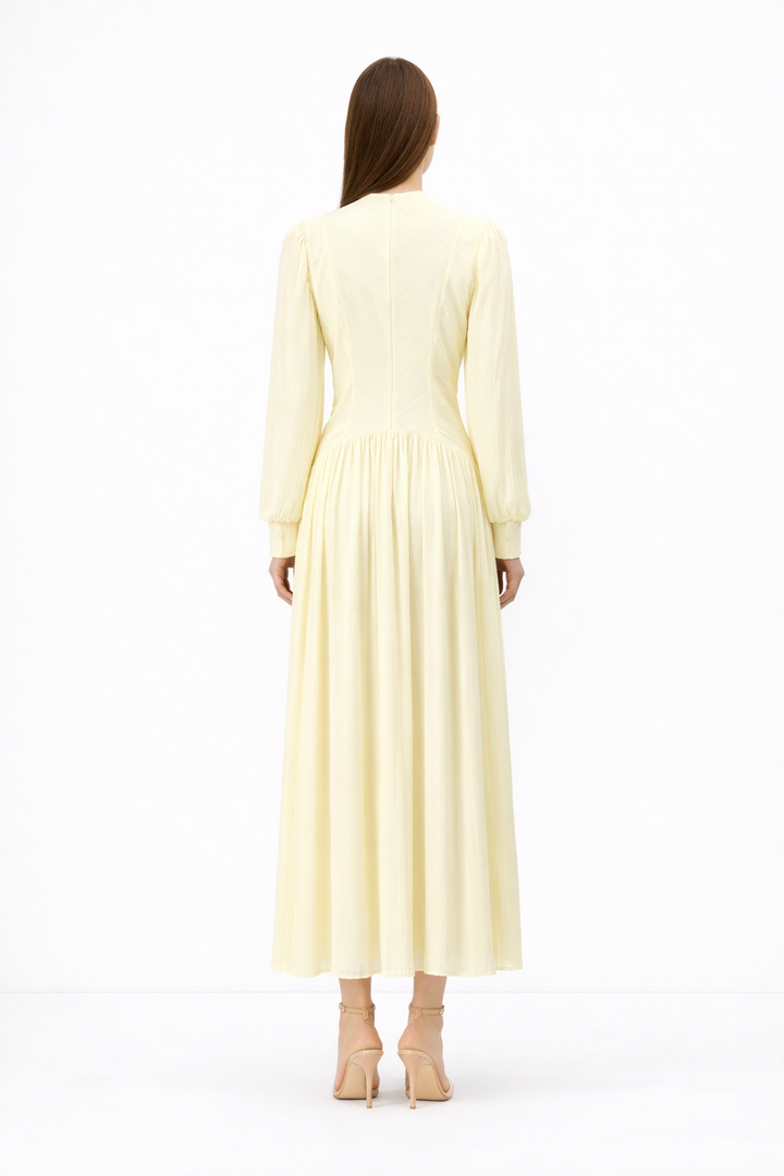 High-Neck Pleated Maxi Dress with Textured Bodice – AHMADEL