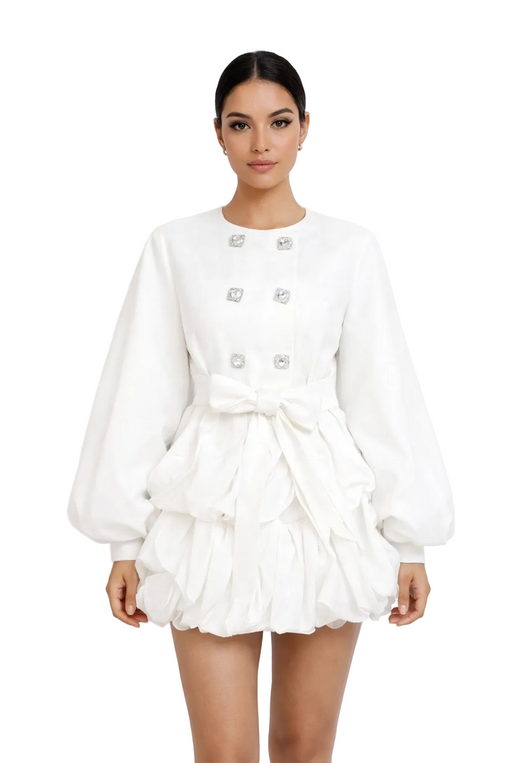 Embellished Waist-Tie Mini Dress with Puff Sleeves – IVORYA