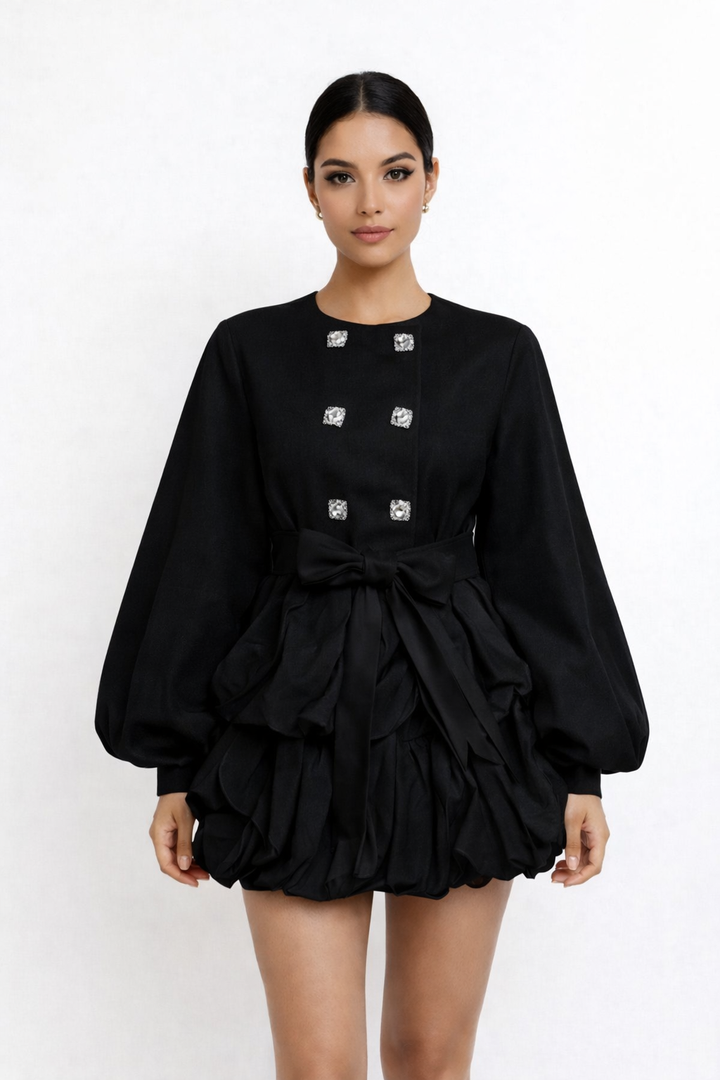 Embellished Waist-Tie Mini Dress with Puff Sleeves – IVORYA