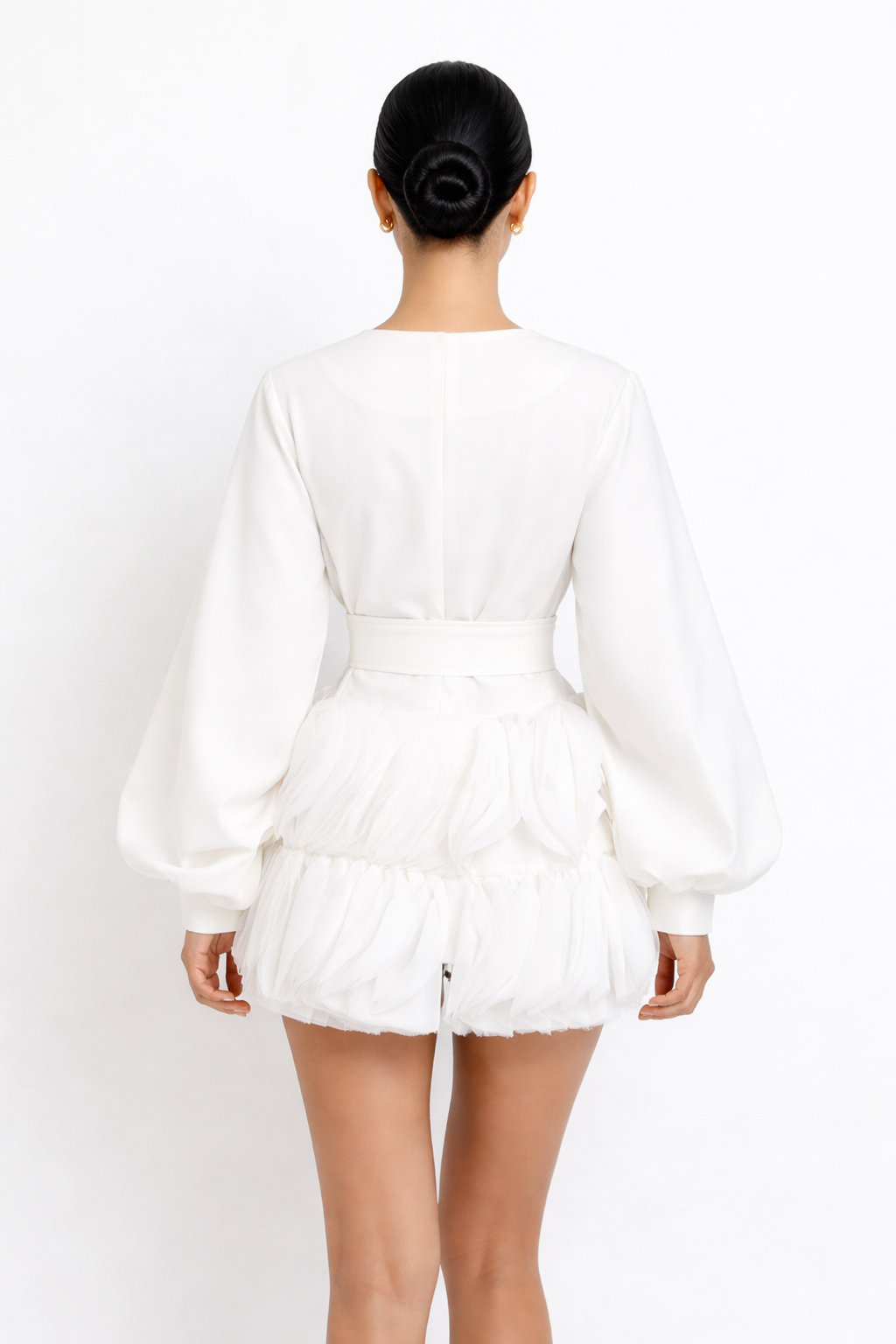 Embellished Waist-Tie Mini Dress with Puff Sleeves – IVORYA