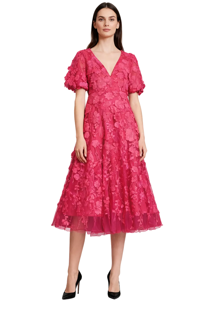 Floral Lace Midi Dress with Puff Sleeves – FUCHSIA