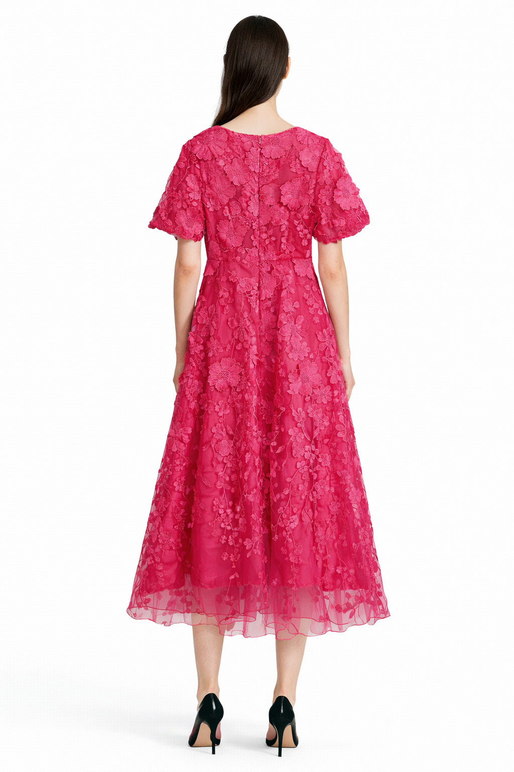 Floral Lace Midi Dress with Puff Sleeves – FUCHSIA