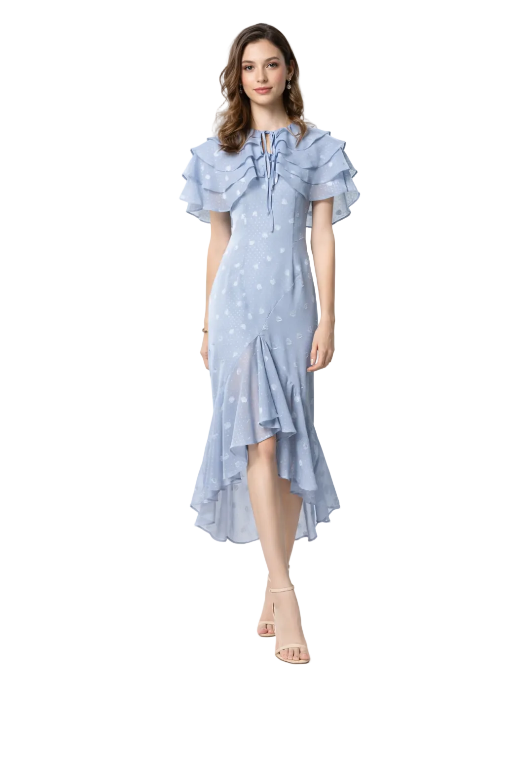 Polka Dot Ruffled Midi Dress with Asymmetrical Hem – SKYLA