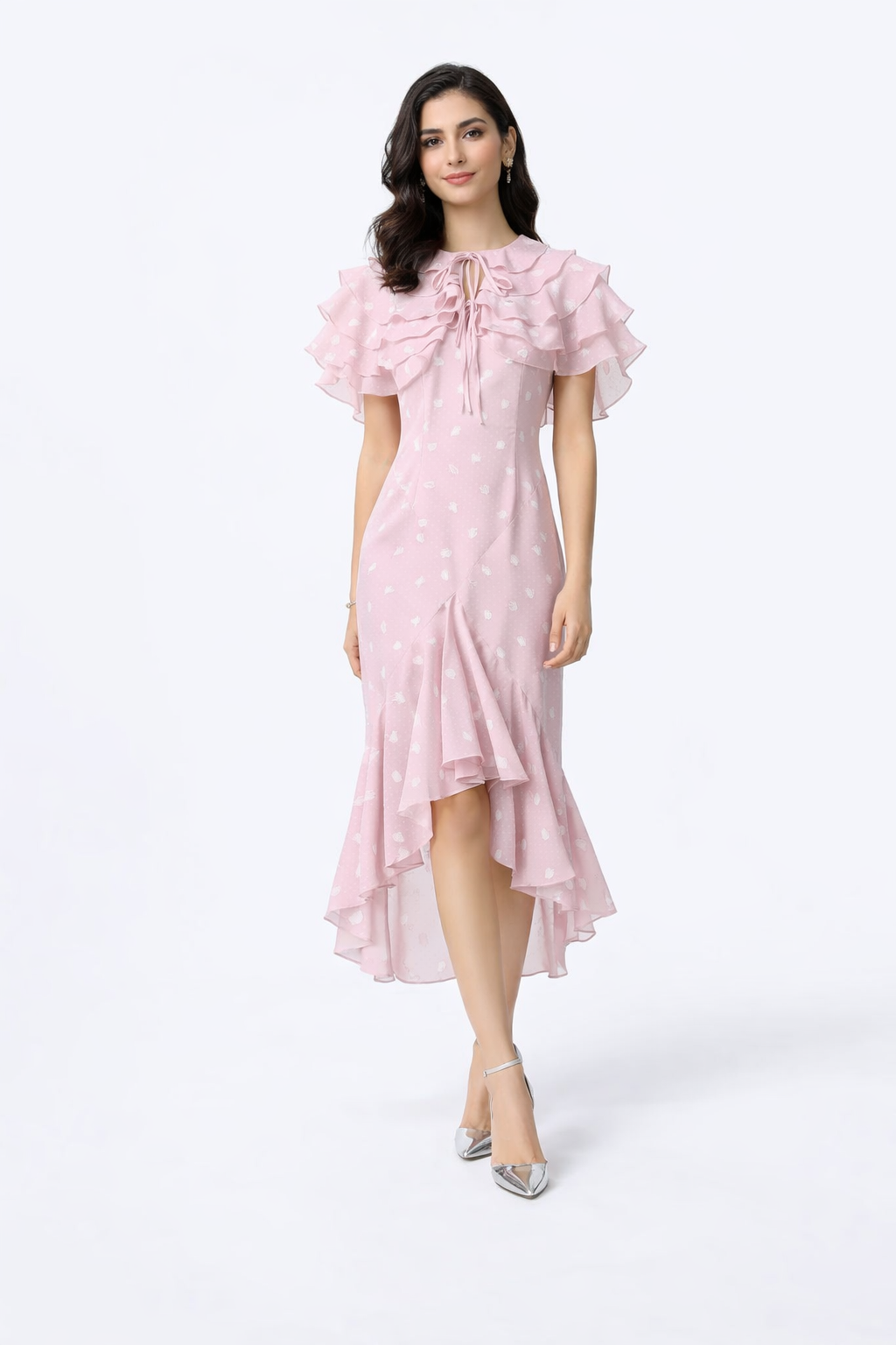 Polka Dot Ruffled Midi Dress with Asymmetrical Hem – SKYLA