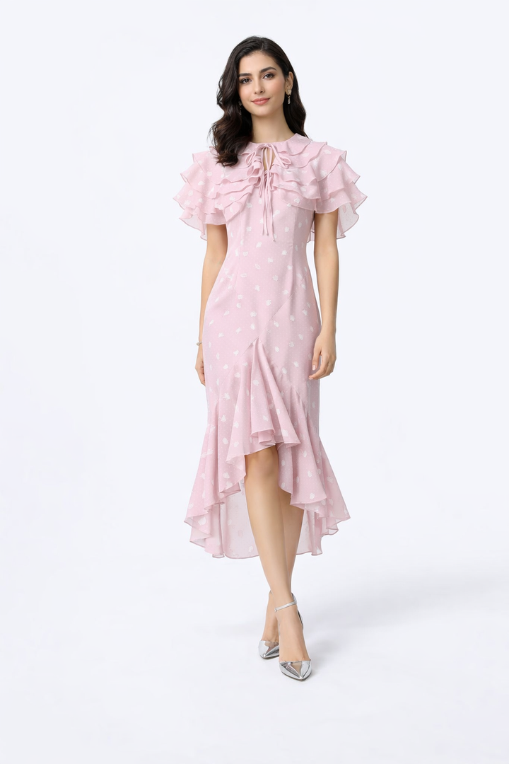 Polka Dot Ruffled Midi Dress with Asymmetrical Hem – SKYLA