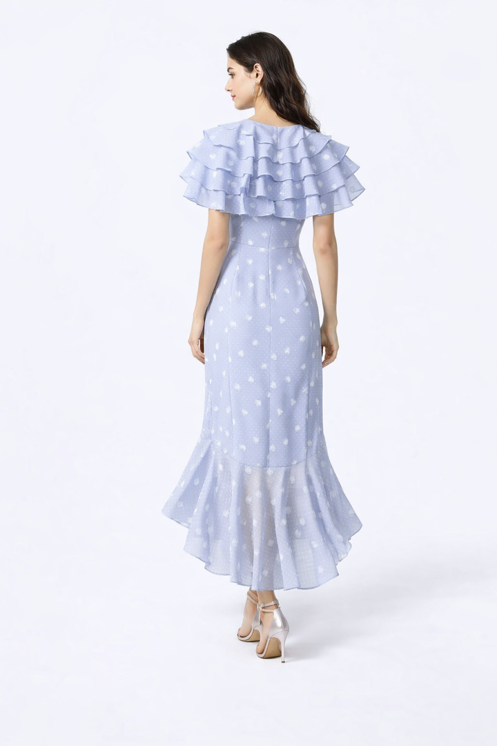Polka Dot Ruffled Midi Dress with Asymmetrical Hem – SKYLA