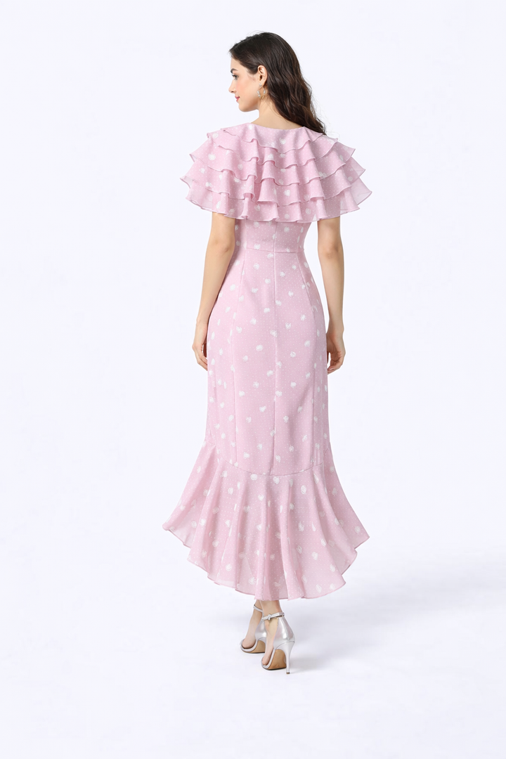 Polka Dot Ruffled Midi Dress with Asymmetrical Hem – SKYLA