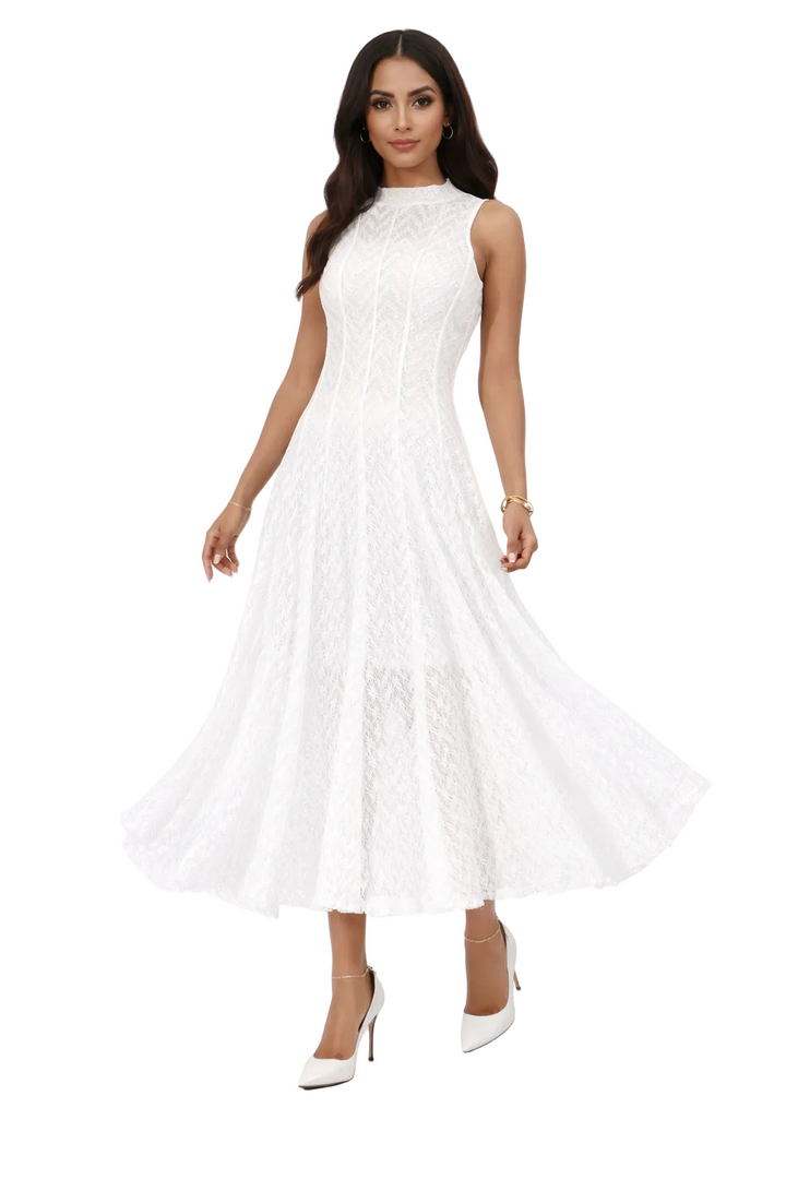 Sleeveless Lace Midi Dress with High Neck and Flared Hem – NOIRÉ