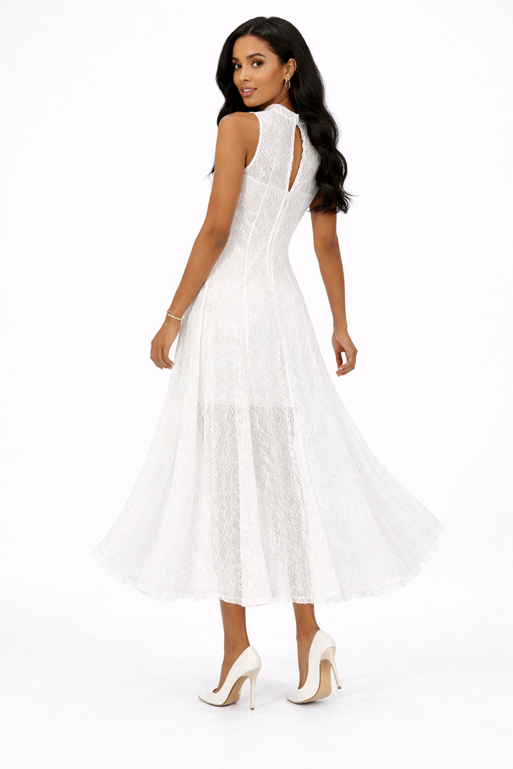 Sleeveless Lace Midi Dress with High Neck and Flared Hem – NOIRÉ
