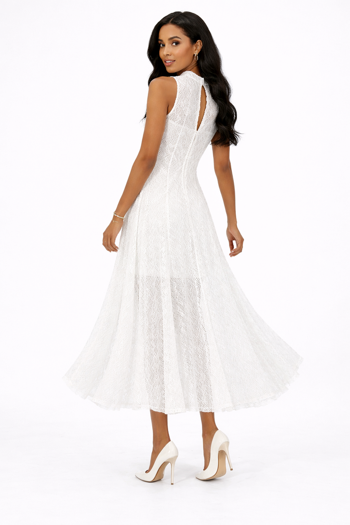 Sleeveless Lace Midi Dress with High Neck and Flared Hem – NOIRÉ