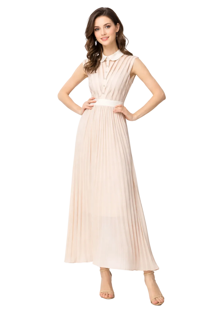 Sleeveless Pleated Maxi Dress with Collared Bodice – SERAPHINE