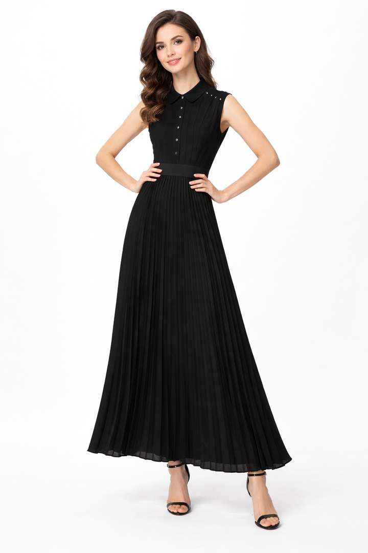 Sleeveless Pleated Maxi Dress with Collared Bodice – SERAPHINE