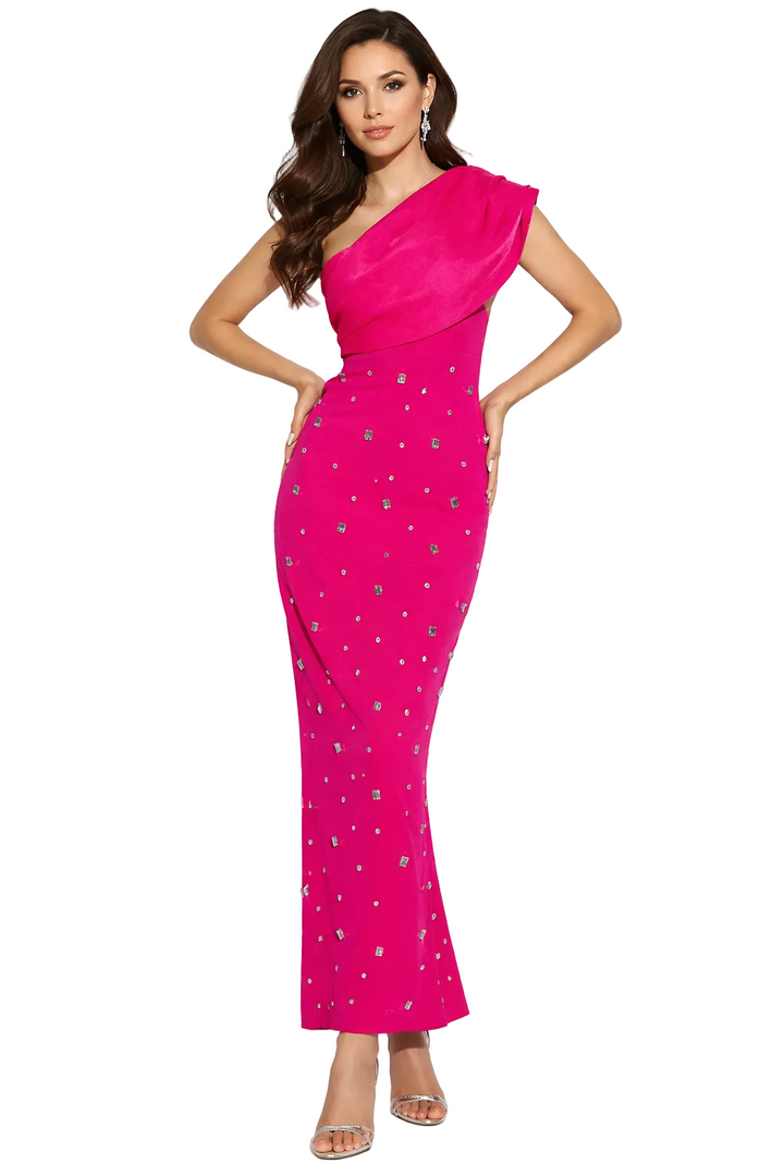 one-shoulder embellished column maxi dress – FUCHSIA