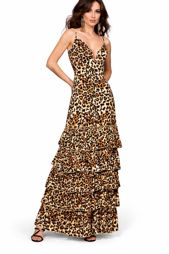 leopard print tiered maxi dress with deep V neckline – SAVANNA