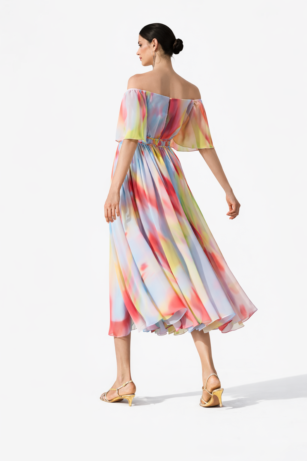 off-shoulder chiffon midi dress with watercolor print – AQUARELLE