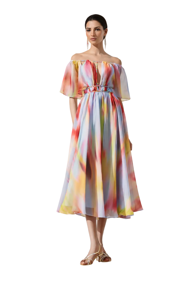 off-shoulder chiffon midi dress with watercolor print – AQUARELLE