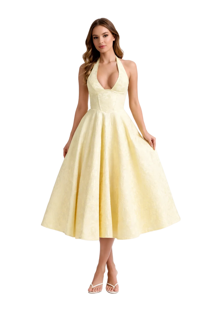 halter neck fit-and-flare midi dress – NOCTURNA
